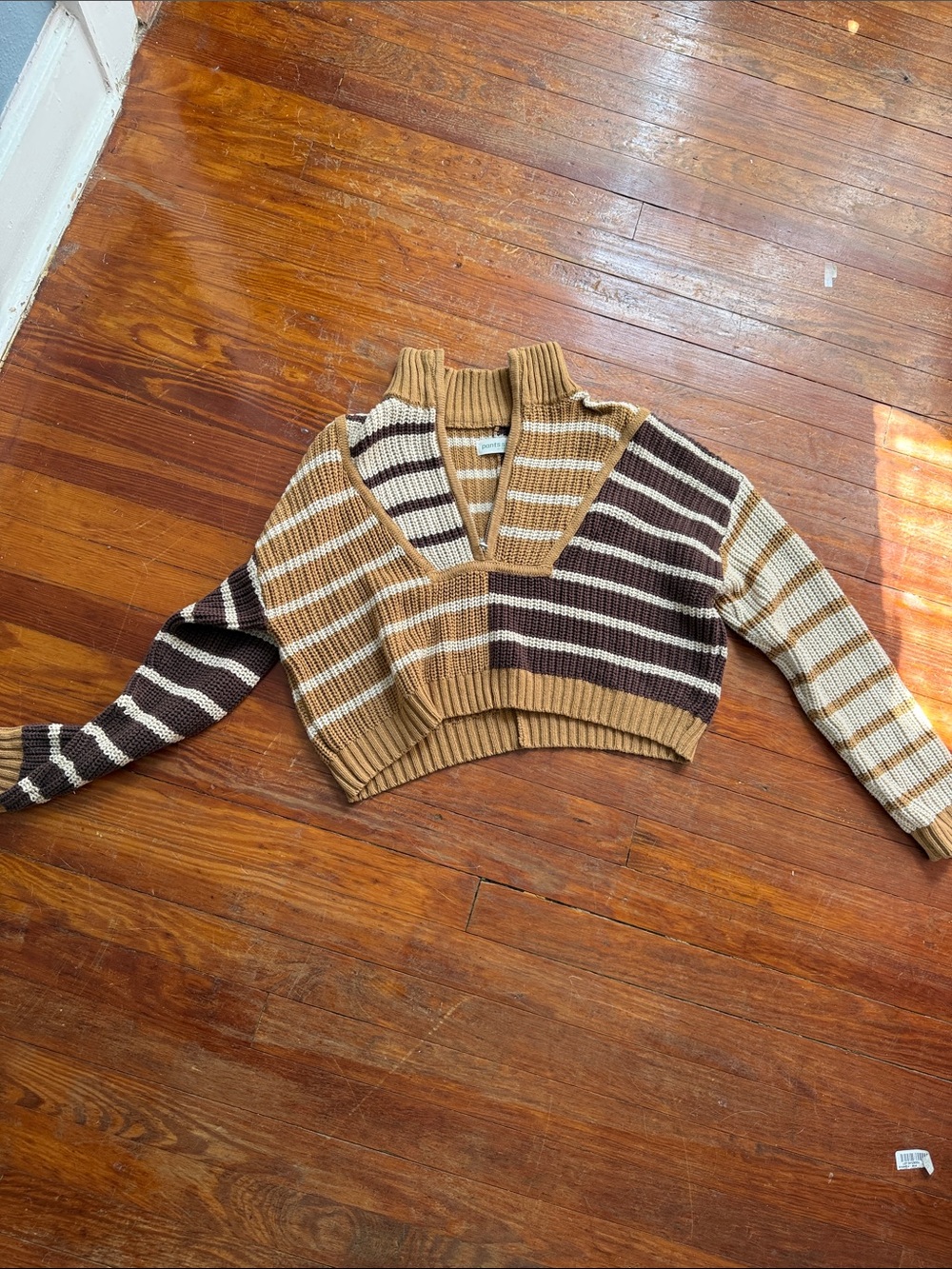 Pants Store Cropped Striped Rib-Knit Sweater in Brown and Cream